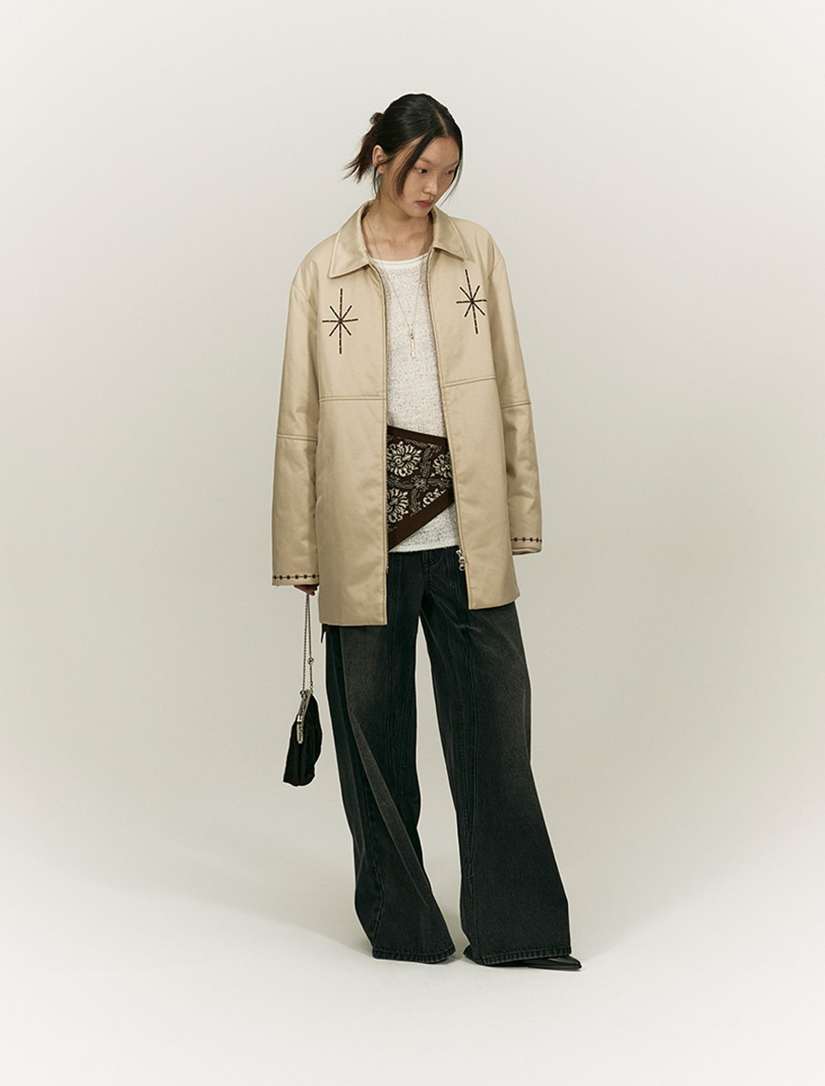 솔티페블(SALTY PEBBLE) BOHEMIAN STITCH HALF COAT PADDING [BEIGE]