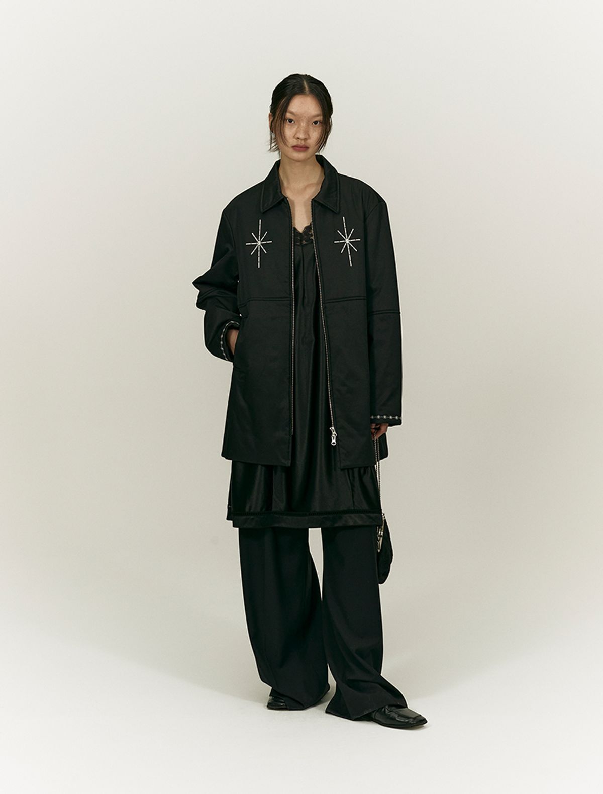 솔티페블(SALTY PEBBLE) BOHEMIAN STITCH HALF COAT PADDING [BLACK]