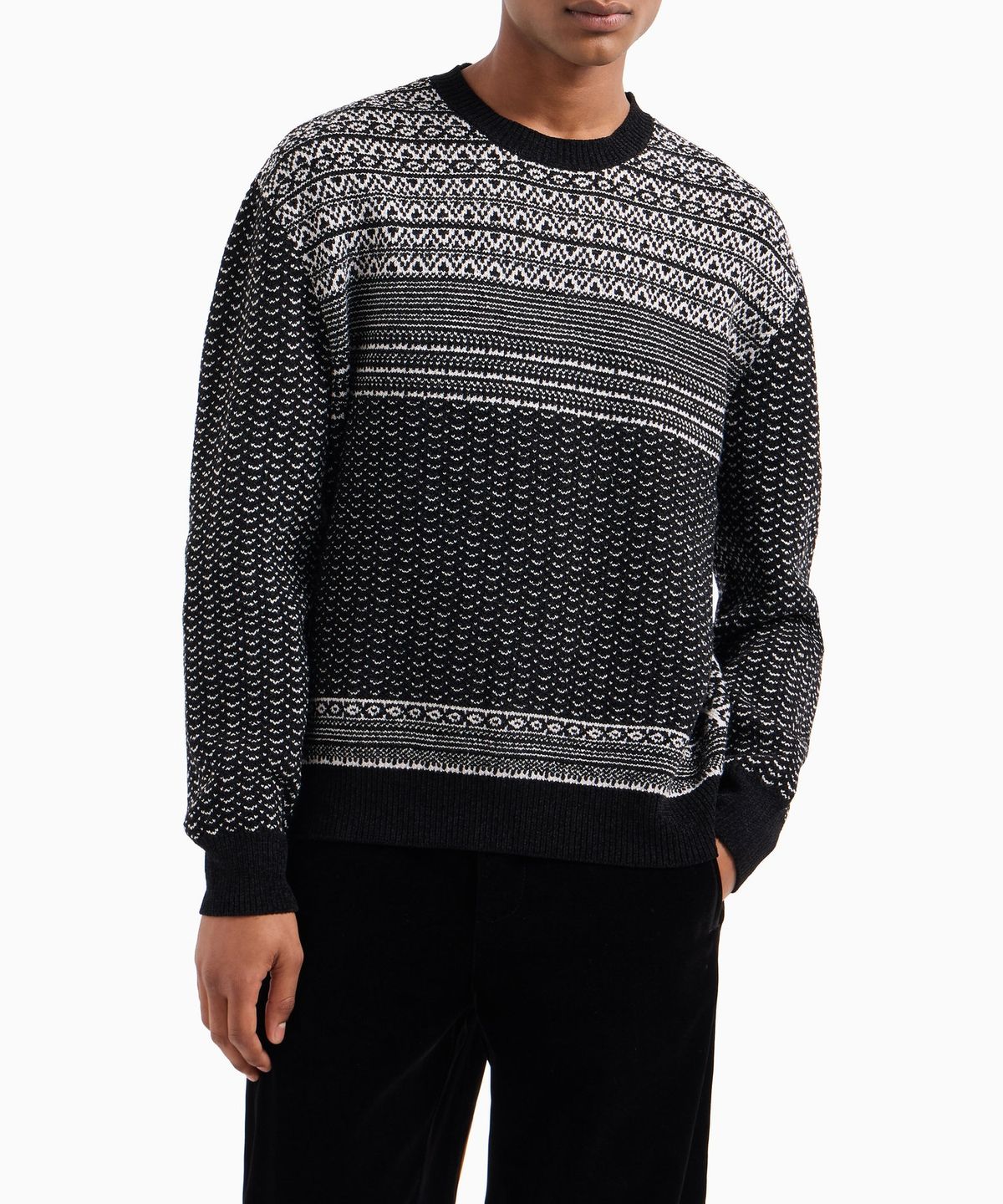 아르마니 익스체인지(ARMANI EXCHANGE) 남성 패턴드 크루넥 니트 풀오버_블랙 A414332030