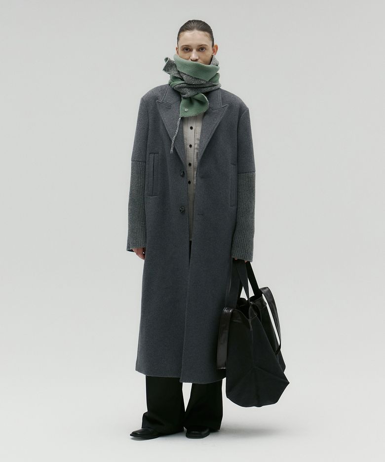 KNITTED COMBI SLEEVE LONG COAT [GREY]