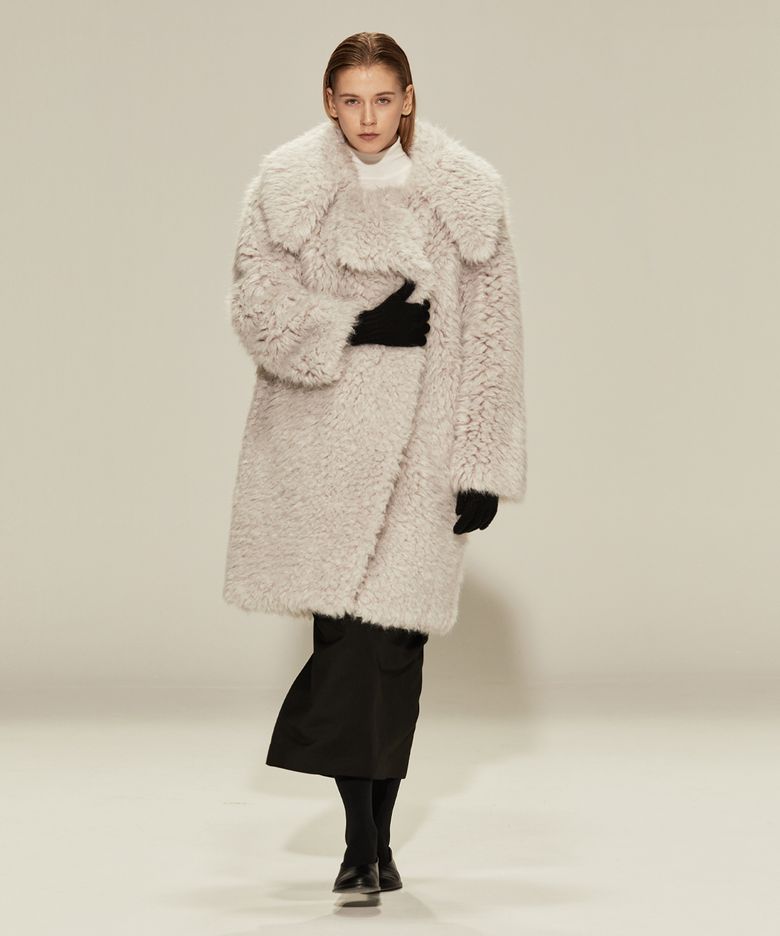 브레스티드 위빙 퍼 코트 (light grey)