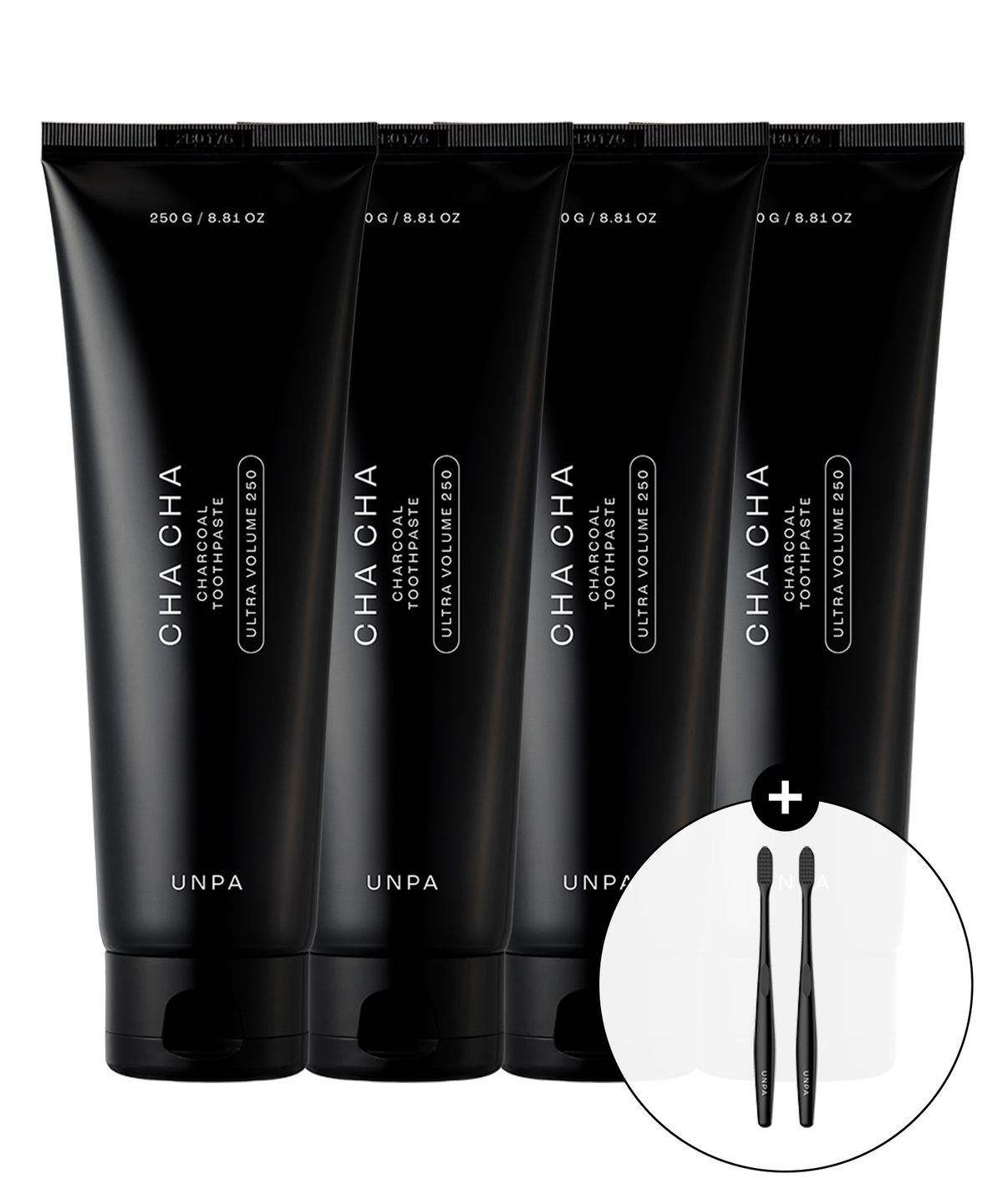 언파(UNPA) [1KG 세트] 차차 오리지널 차콜 치약 대용량 250g 4개 + 차차칫솔 2개(색상랜덤)