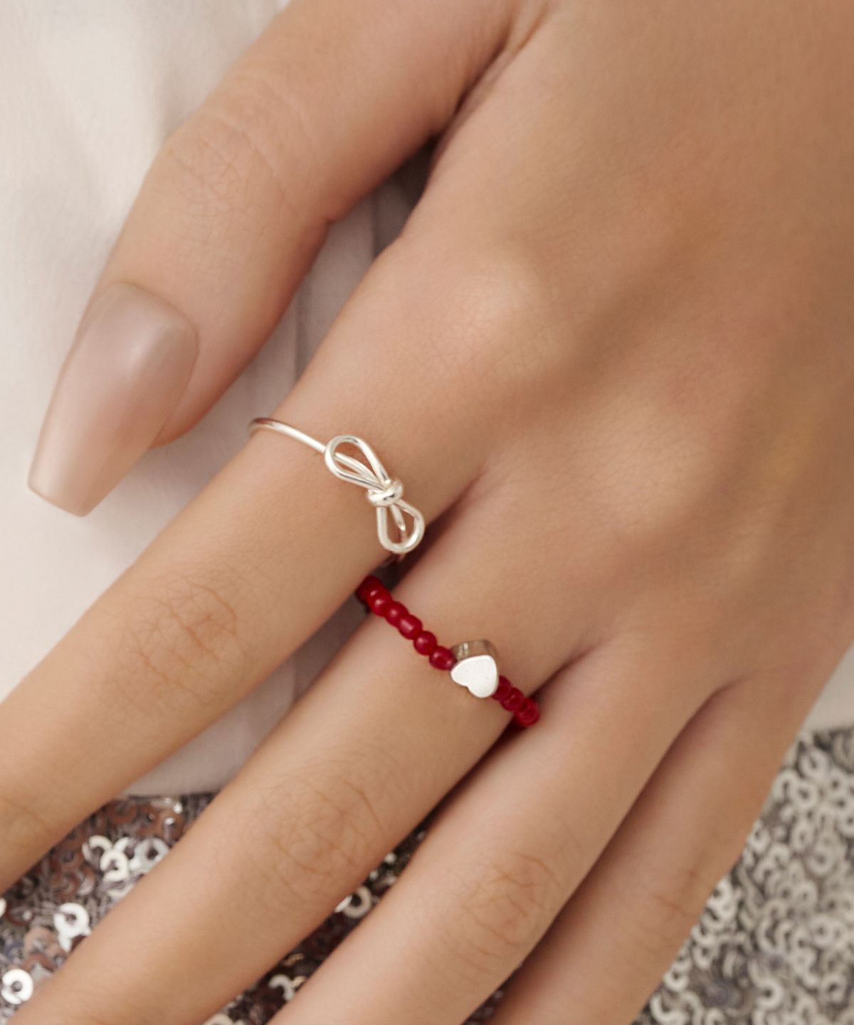 하스(HAS) [SET] HU010 Ribbon & heart beads ring set