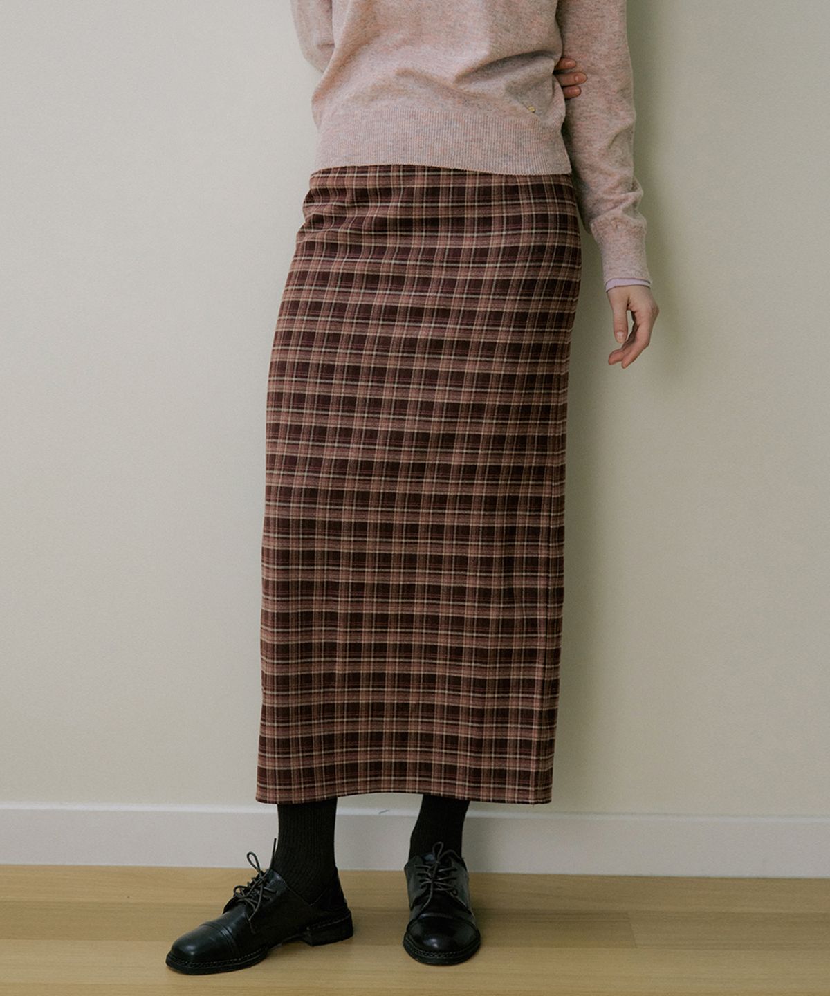 리올그(REORG) EOT SOFT CHECK MAXI SKIRT BUTTER WINE