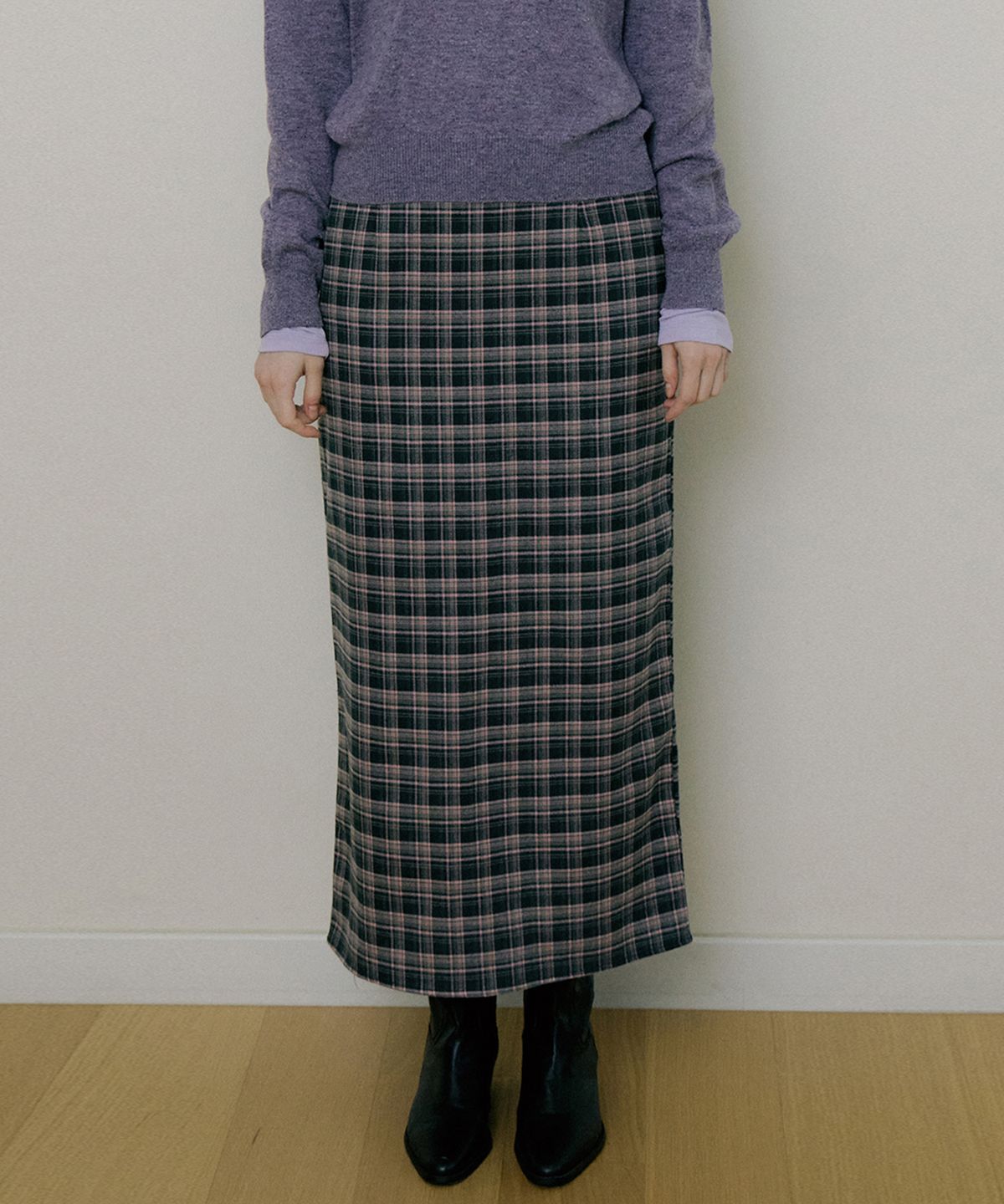 리올그(REORG) EOT SOFT CHECK MAXI SKIRT PINK GREEN