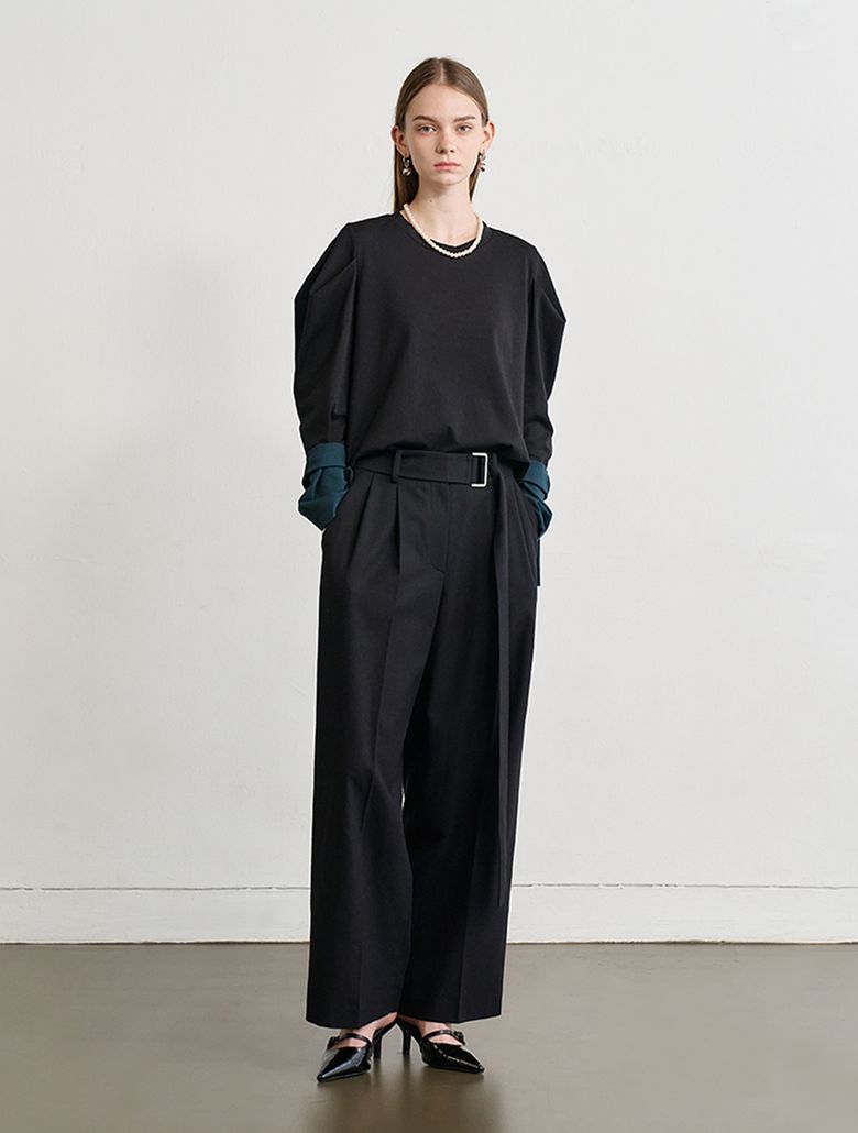 Tuck Detail Belted Wide Pants_Black 턱 디테일 벨티드 와이드 팬츠_블랙