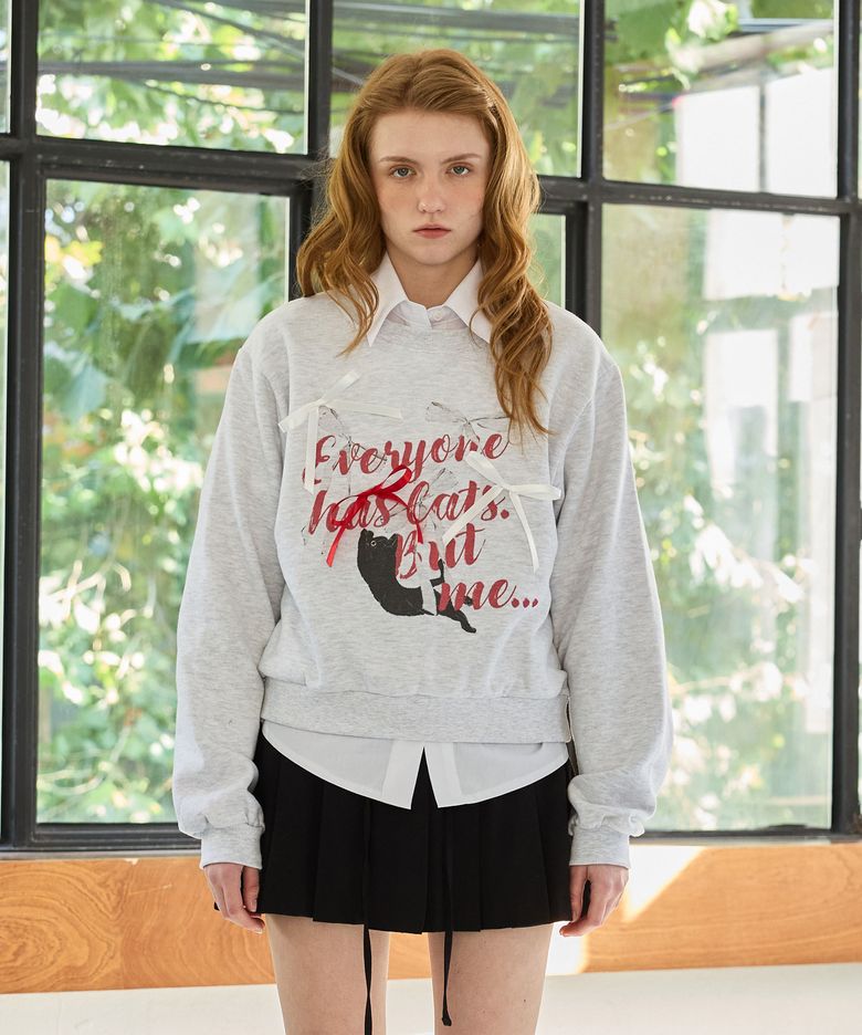 CHARLOTTE CAT RIBBON SWEATSHIRT / WHITE-MELANGE