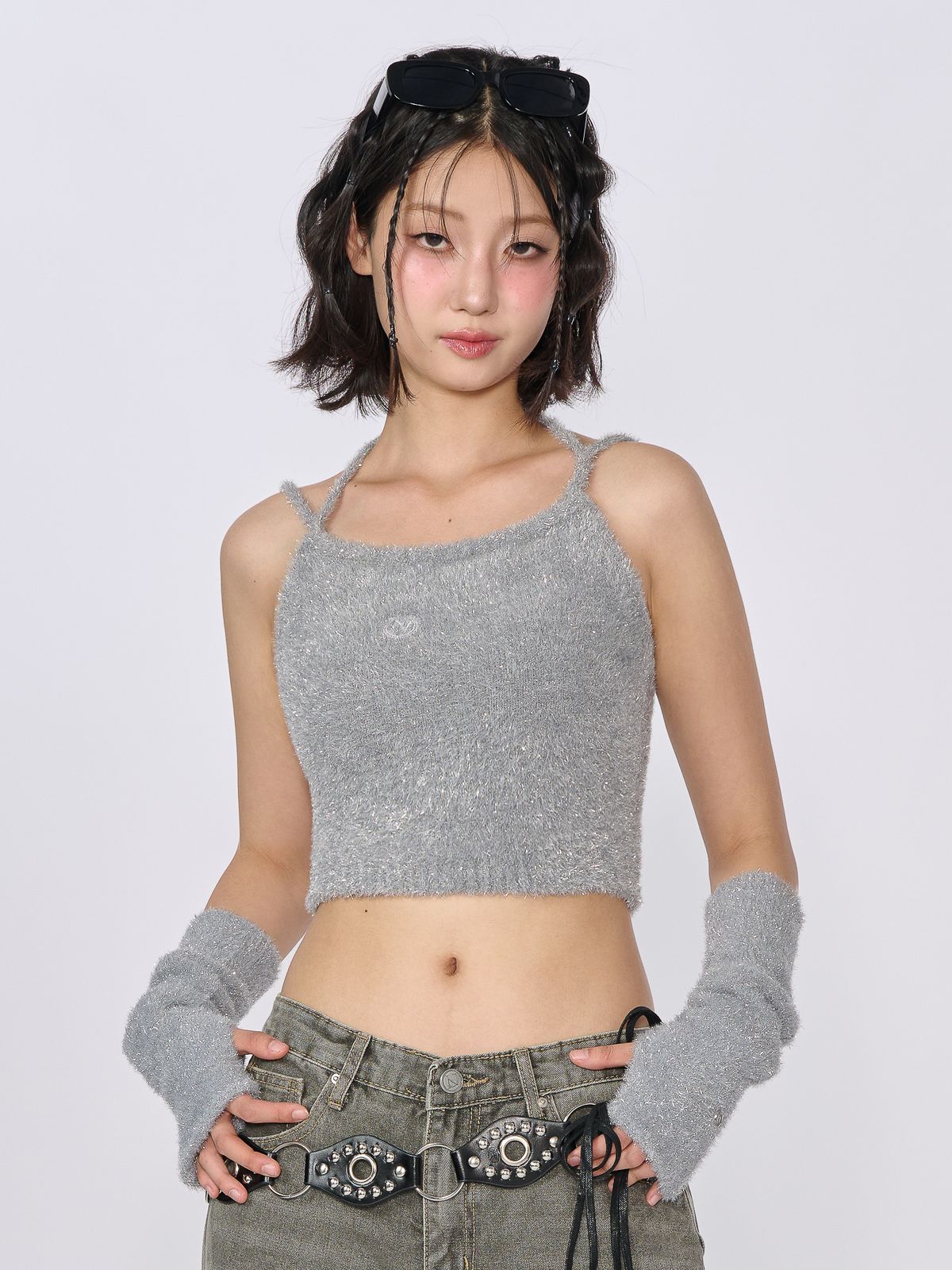 언유주얼 노말(UNUSUALNORMAL) GLITTER 2WAY KNIT HALTER TOP_SILVER