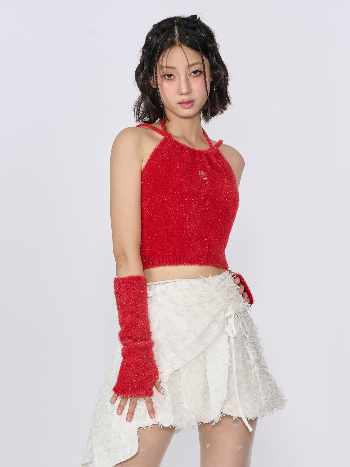 언유주얼 노말(UNUSUALNORMAL) GLITTER 2WAY KNIT HALTER TOP_RED