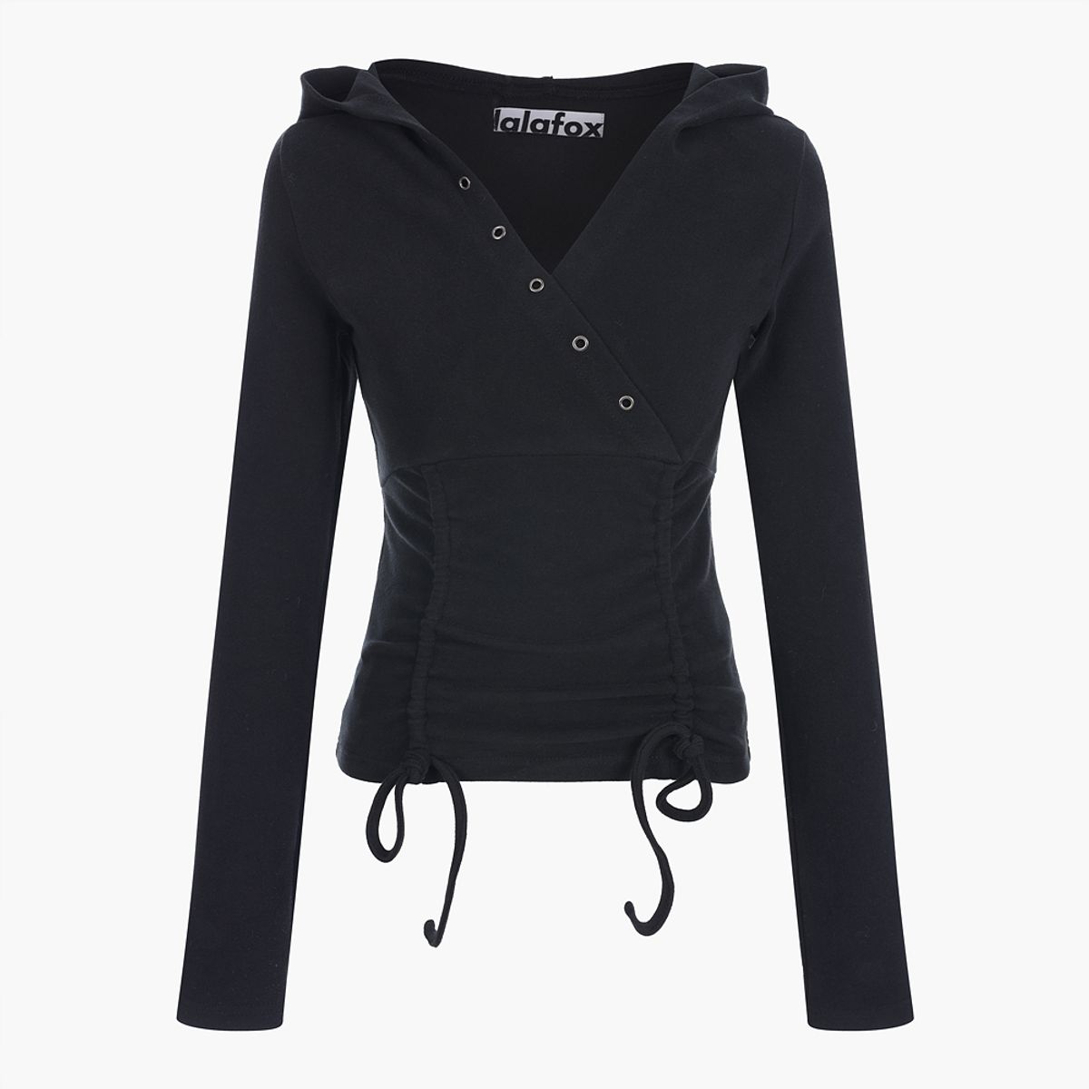 라라폭스(LALAFOX) V NECK SHIRRRING HOODIE BLACK BQ4CL027