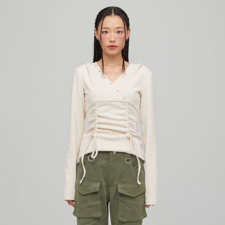 V NECK SHIRRRING HOODIE OATMEAL BQ4CL026