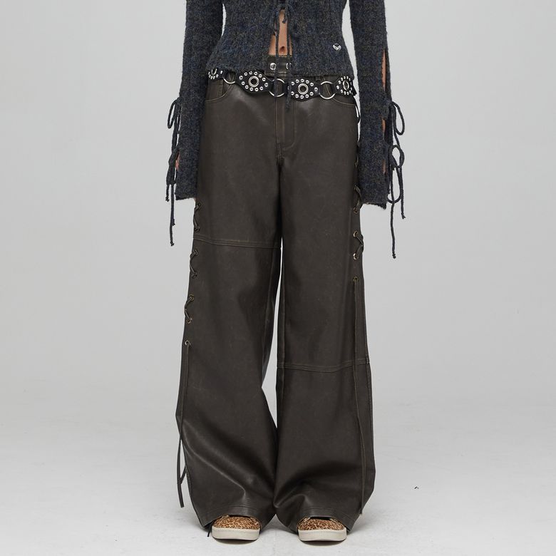 FAKE LEATHER RIBBON POINT WIDE PANTS BLACK BQ4LP001