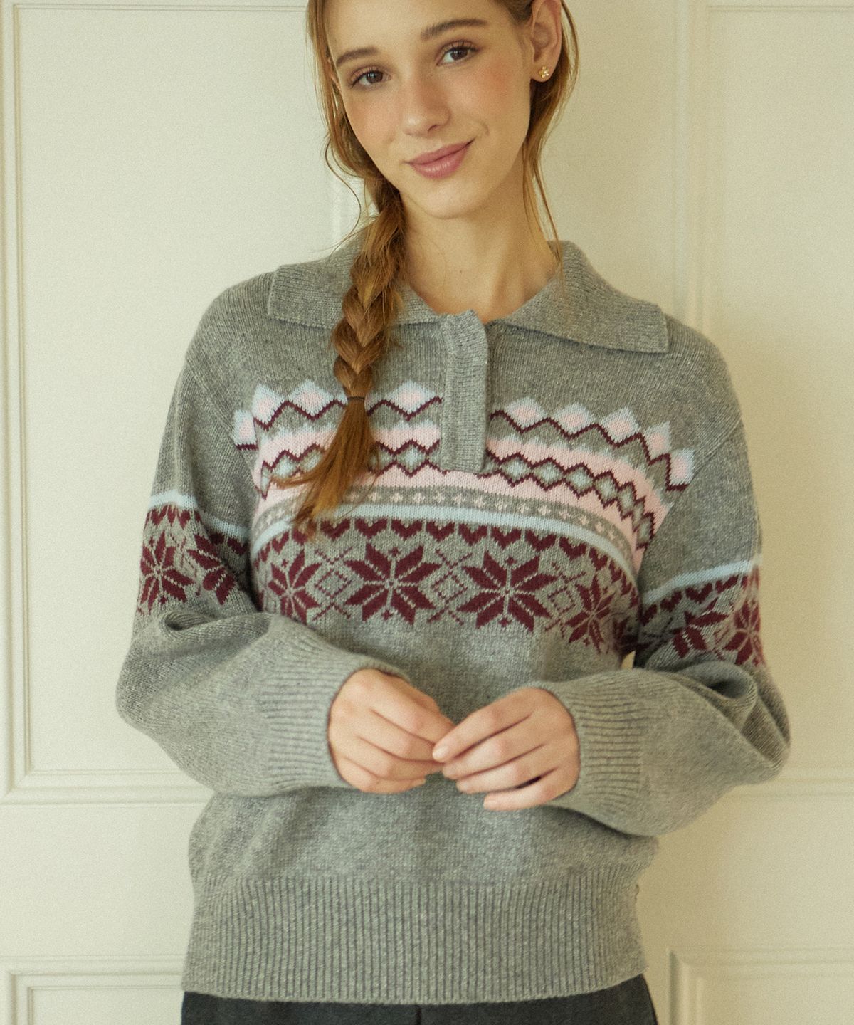논로컬(NONLOCAL) Snowflake Jacquard Collar Wool Knit - Grey