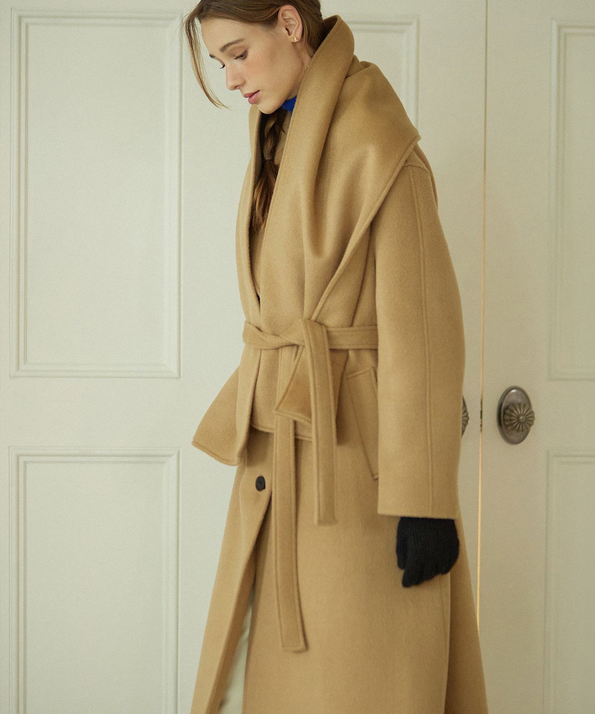 논로컬(NONLOCAL) Muffler Belted Wool Long Coat - Camel