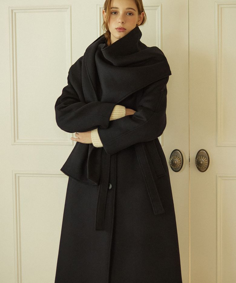 Muffler Belted Wool Long Coat - Navy