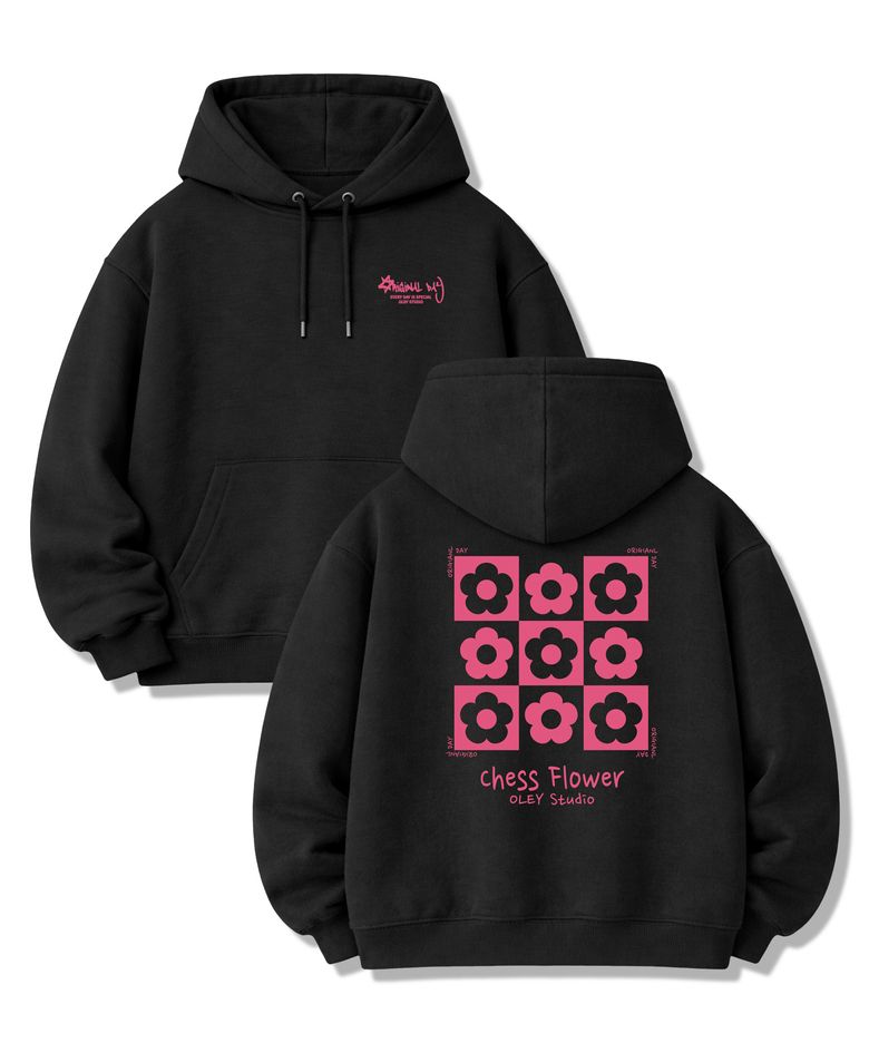 체스 플라워 오버핏 쭈리 후드 티셔츠 남녀공용 Black