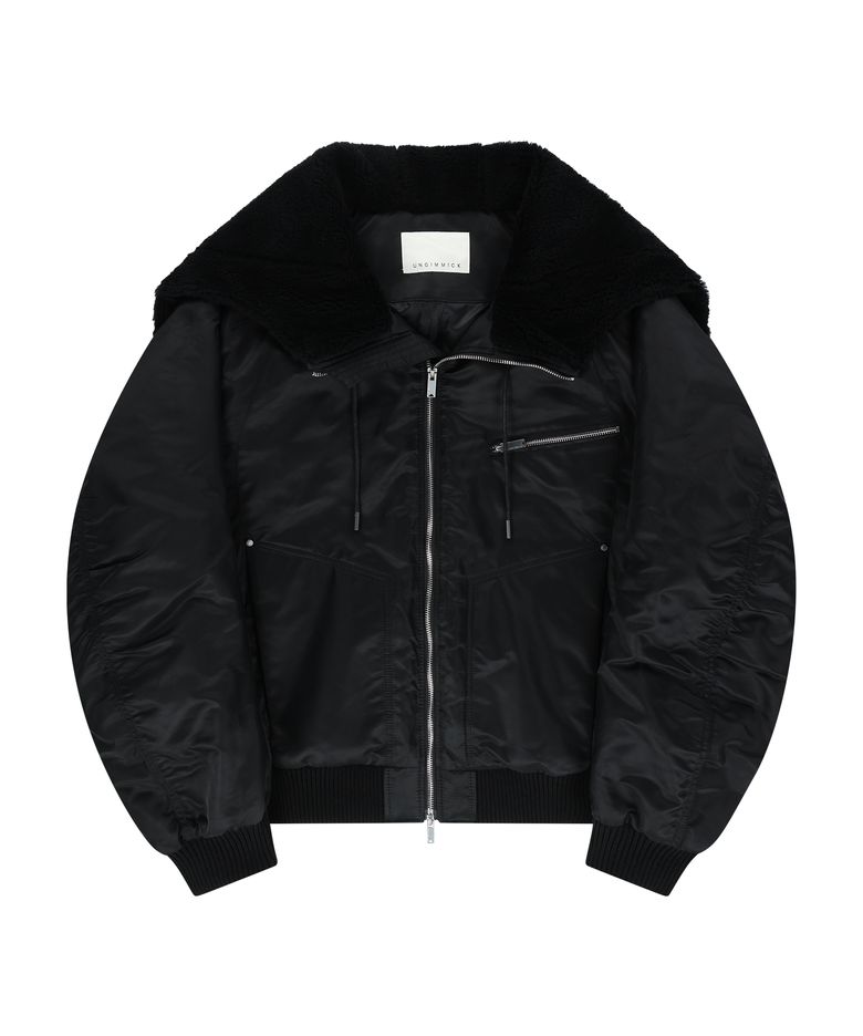FUR HOODED NYLON MA-1 JACKET (BLACK)