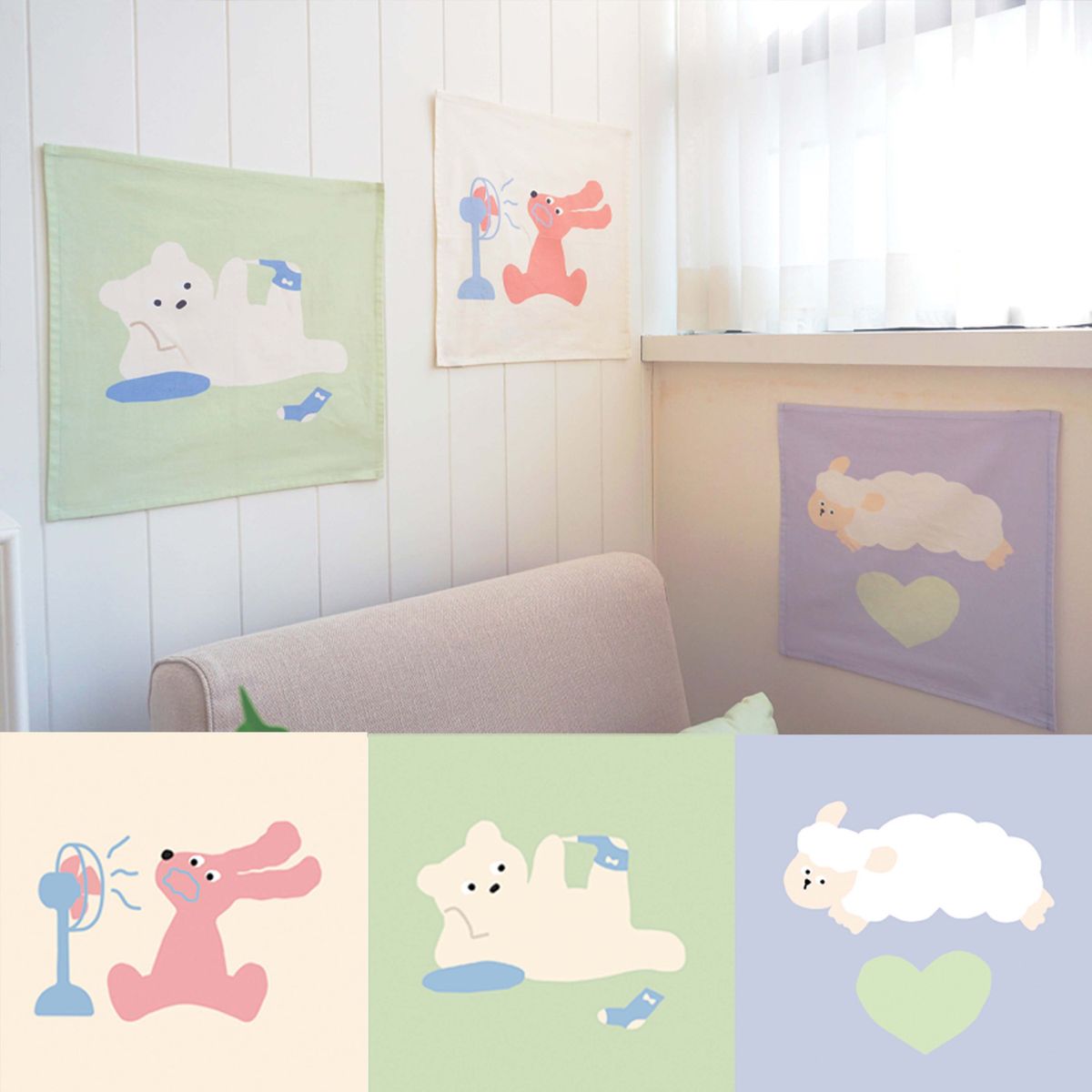 리코하우스(LICO HOUSE) 행복한 일상을 보내는 동물 패브릭 포스터 3종