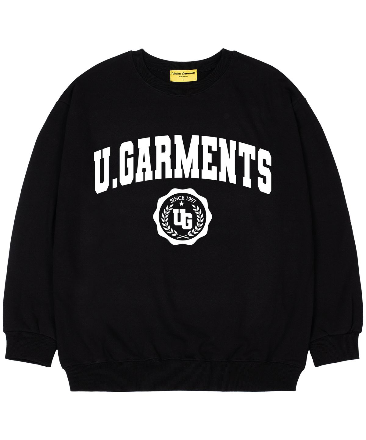 유니온가먼츠(UNION GARMENTS) [기모]엠블럼로고 오버핏 맨투맨 티셔츠 블랙