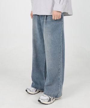 기모 핀턱 벌룬 핏 와이드 데님팬츠 [Blue]