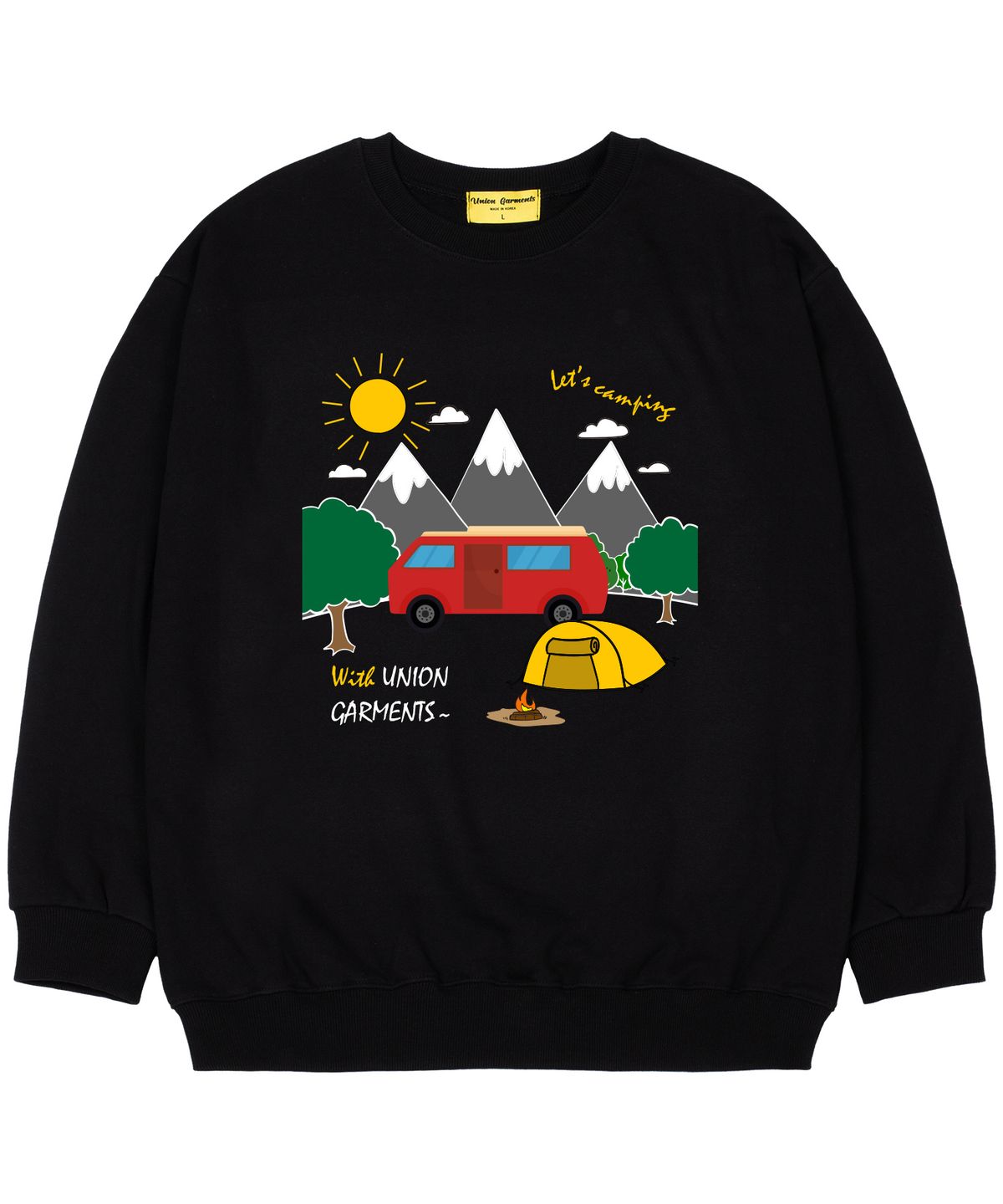 유니온가먼츠(UNION GARMENTS) [기모]렛츠캠핑 오버핏 맨투맨 티셔츠 블랙