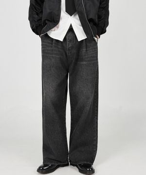 기모 핀턱 벌룬 핏 와이드 데님팬츠 [Black]