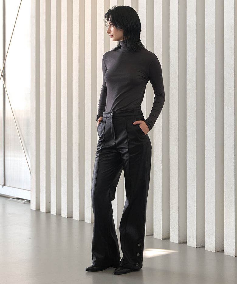 Faux Leather Side Slit Button Elastic Fleece-Lined Bootcut Pants Black