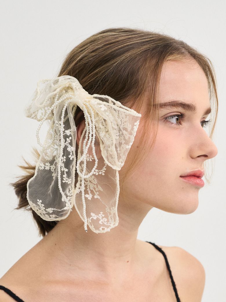 Lace Pearl Ribbon Hair Pin_Ivory