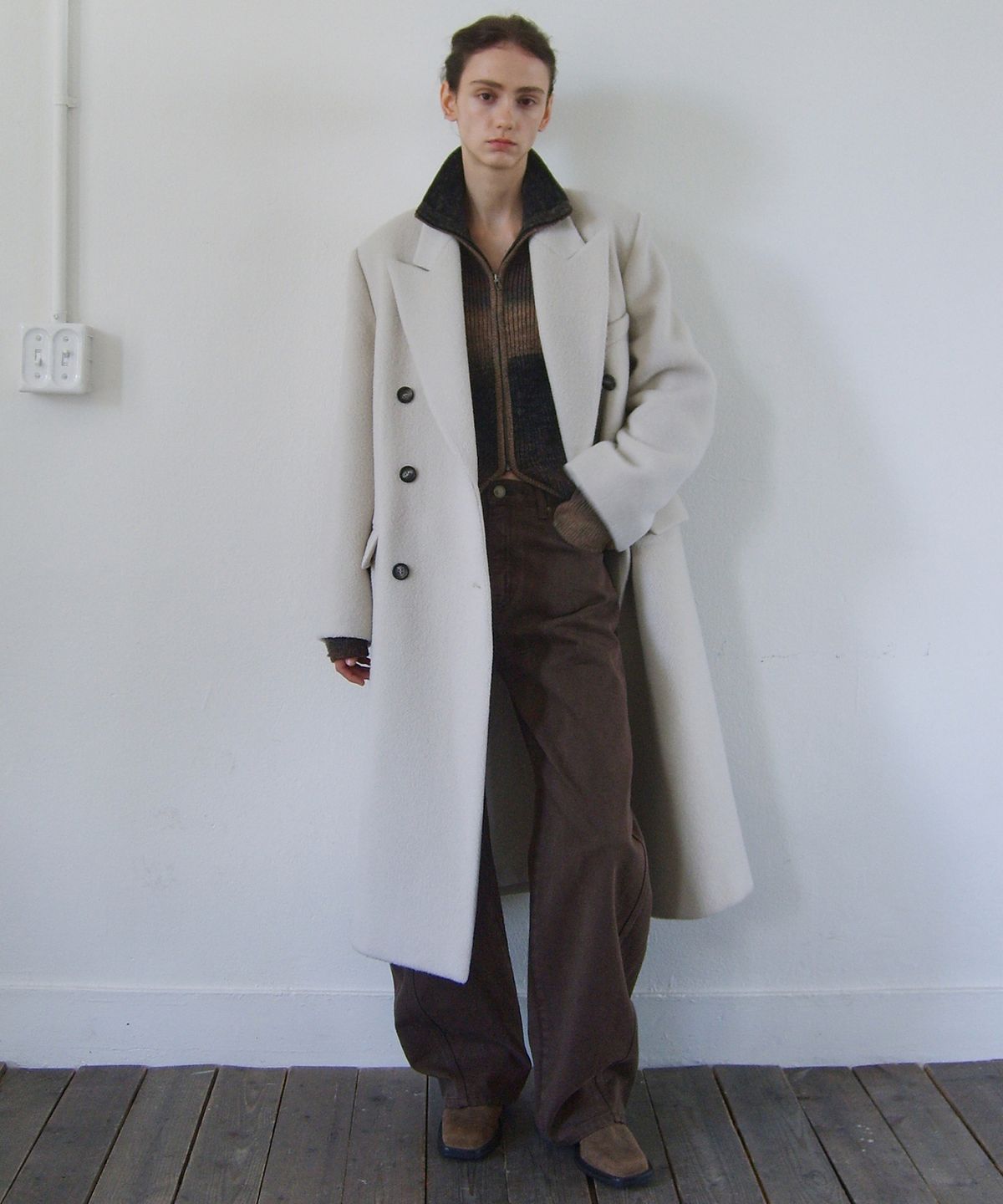엔오르 스튜디오(ENOR STUDIO) [ALPACA 20%] DOUBLE BREASTED TAILORED COAT - IVORY