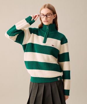 [LESSER PANDA] BABY LESSER HEAVY STRIPE KNIT HALF ZIP-UP GREEN