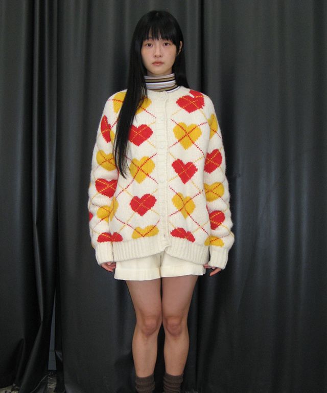 Heart Argyle Line Knit Cardigan
