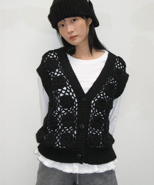 ★24-25FW新作★RONRON★FLOWER CROCHET HANDMADE KNIT VEST MUSINSA | RONRON FLOWER CROCHET HANDMADE KNIT VEST BLACK