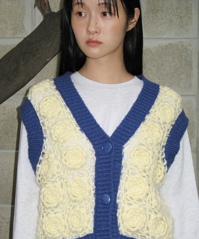 ★24-25FW新作★RONRON★FLOWER CROCHET HANDMADE KNIT VEST MUSINSA | RONRON FLOWER CROCHET HANDMADE KNIT VEST BLUE