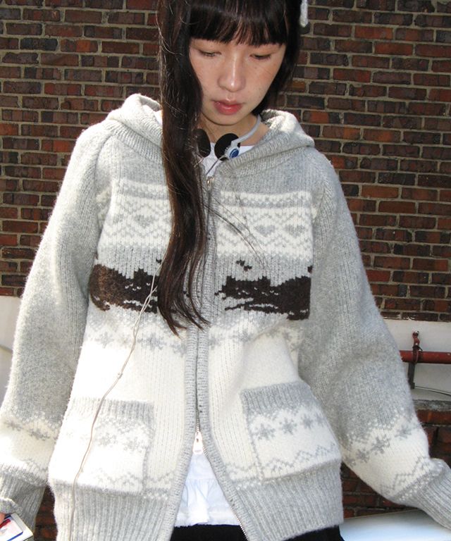 ♡ロンロン♡ MUSINSA公式 | RONRON CAT JACQUARD HOOD ZIP UP KNIT GREY