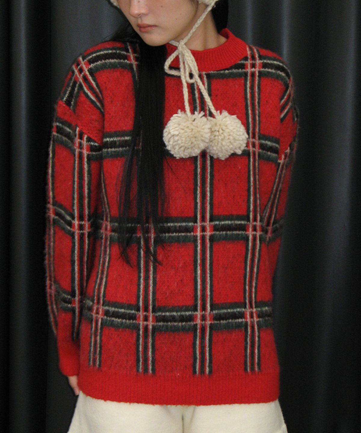 론론(RONRON) HAIRY CHECK MOHAIR PULLOVER KNIT RED