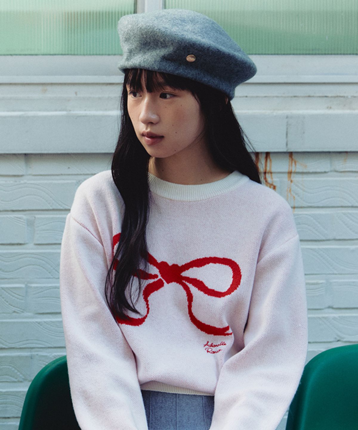 론론(RONRON) HEART RIBBON JACQUARD KNIT IVORY RED