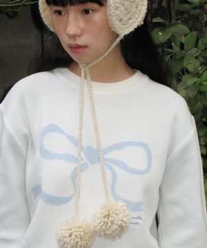 HEART RIBBON JACQUARD KNIT IVORY BLUE
