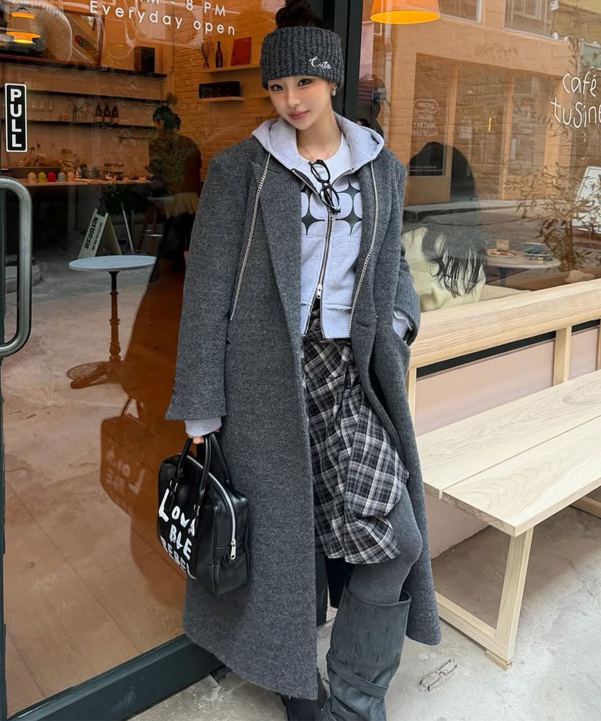 하우스 오브 폰드(HOUSE OF POND) Wool boucle double breasted coat (Charcoal)