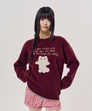 샹뇽이 캐릭터 자가드 크루 니트 BURGUNDY