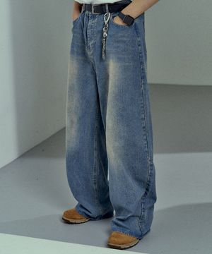 빈티지 네츄럴 워싱 와이드 데님 팬츠 중청