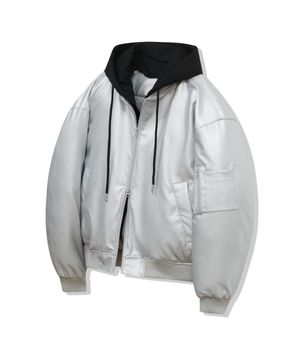 87-STAN100 유틸리티 후드 벌룬 레이어드 레더 패딩 실버