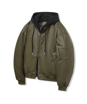 87-STAN100 유틸리티 후드 벌룬 레이어드 레더 패딩 카키