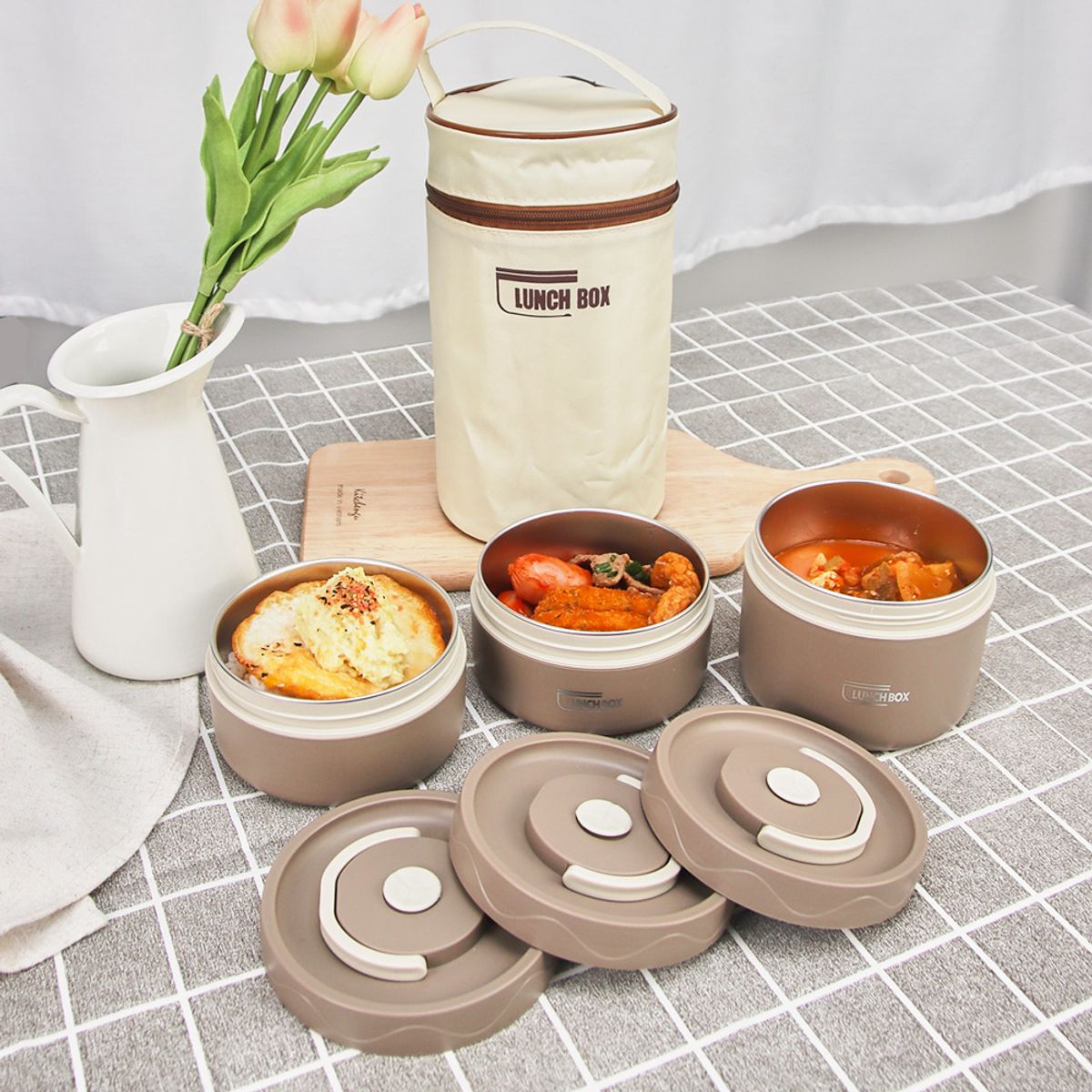 키친구(KITCHENGU) 원형 스텐 3단 도시락통 가방포함 브라운세트