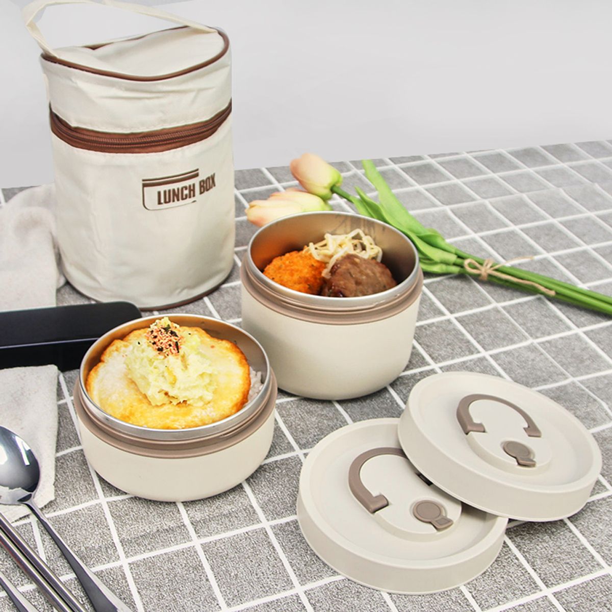 키친구(KITCHENGU) 원형 스텐 2단 도시락통 가방포함 베이지세트