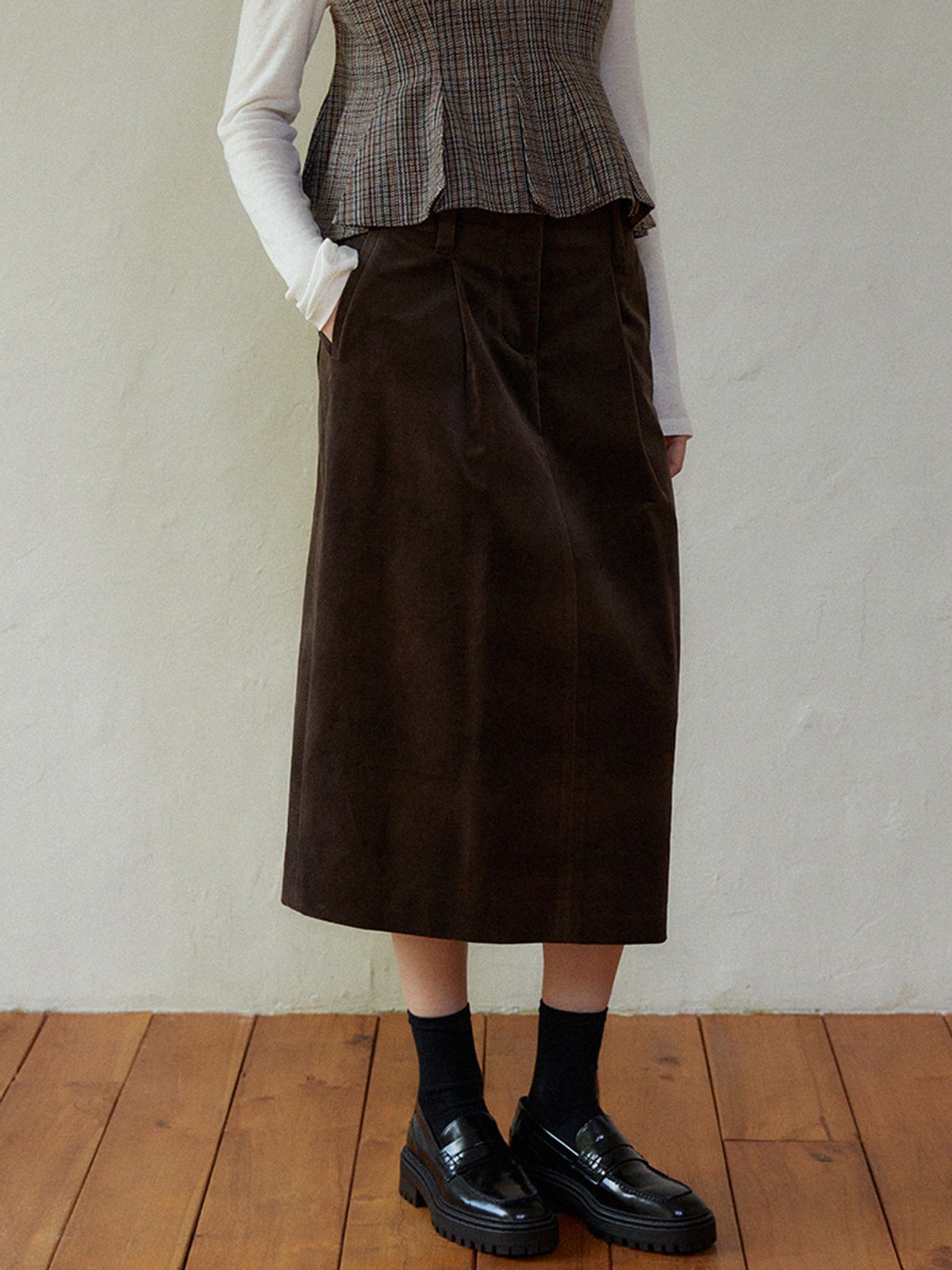 라르고(LARGO) High waist pintuck skirt (brown)