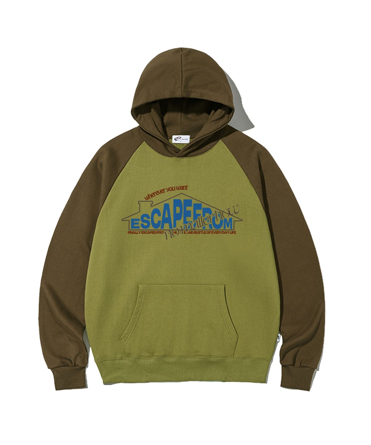 이스케이프프롬(ESCAPEFROM) 침니 홈 프린트 래글런 배색 후드티 올리브