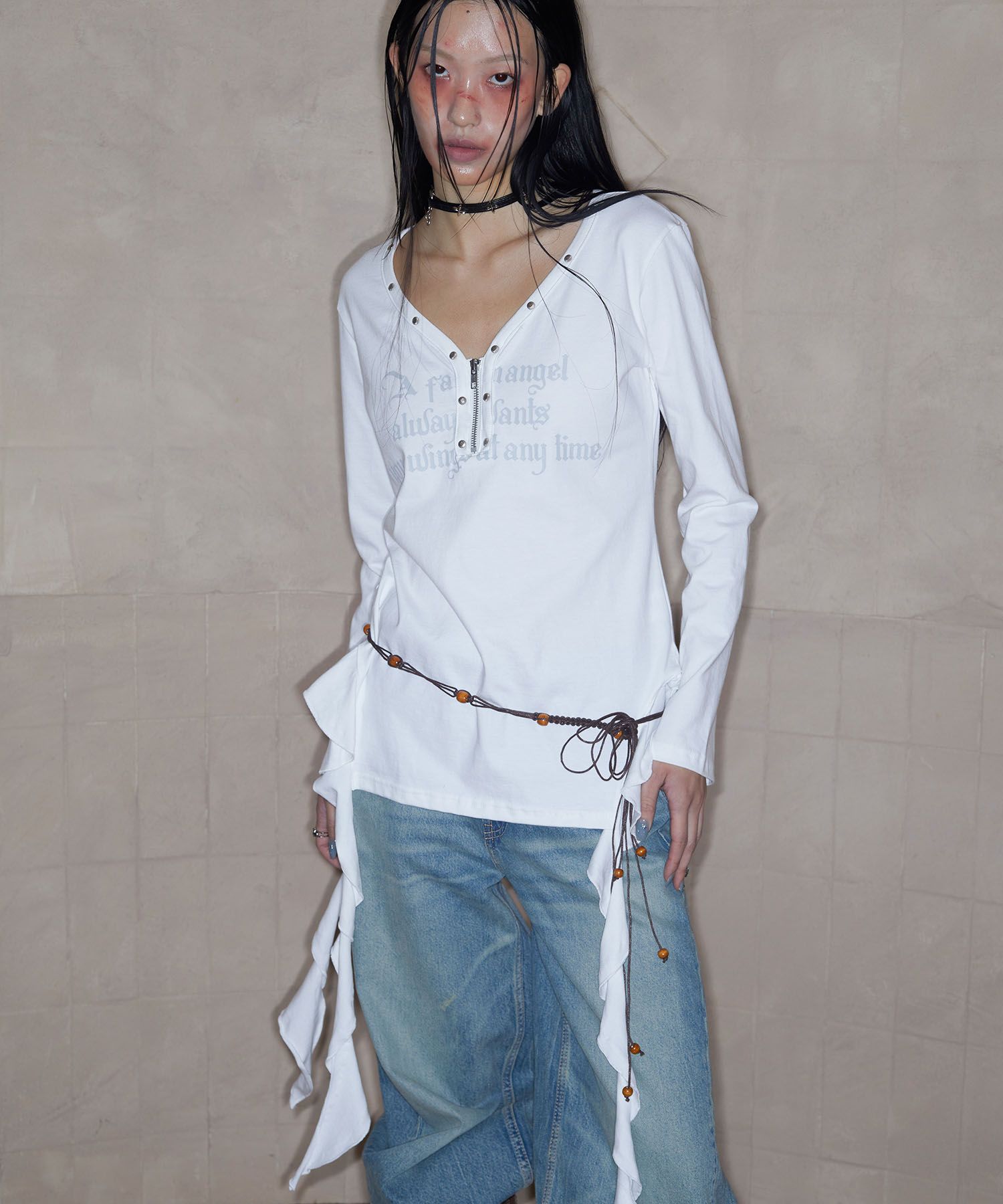 MUSINSA | NOTKNOWING Stud V-Neck Ruffle Top (WHITE)