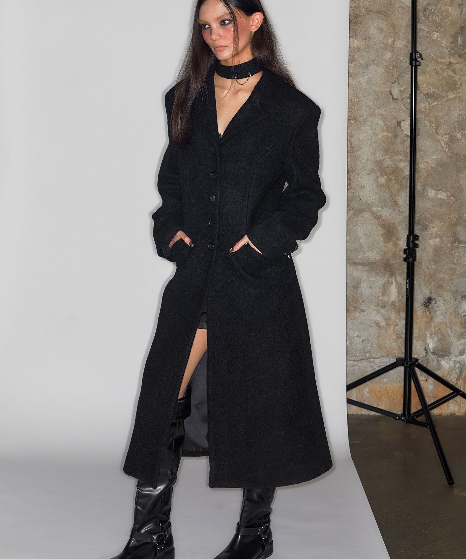 【NOT KNOWING】 Choker Boucle Maxi Coat /追跡付 MUSINSA | NOTKNOWING Choker Boucle Maxi Coat (BLACK)
