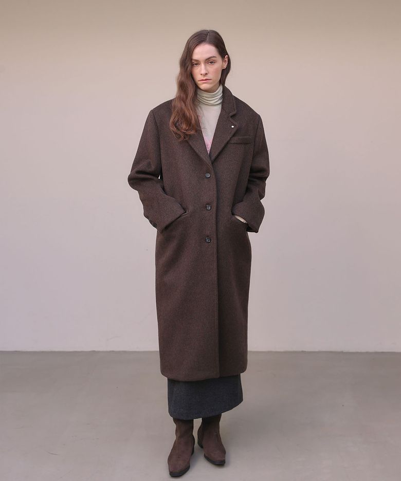 Stud wool long coat [ Brown ]