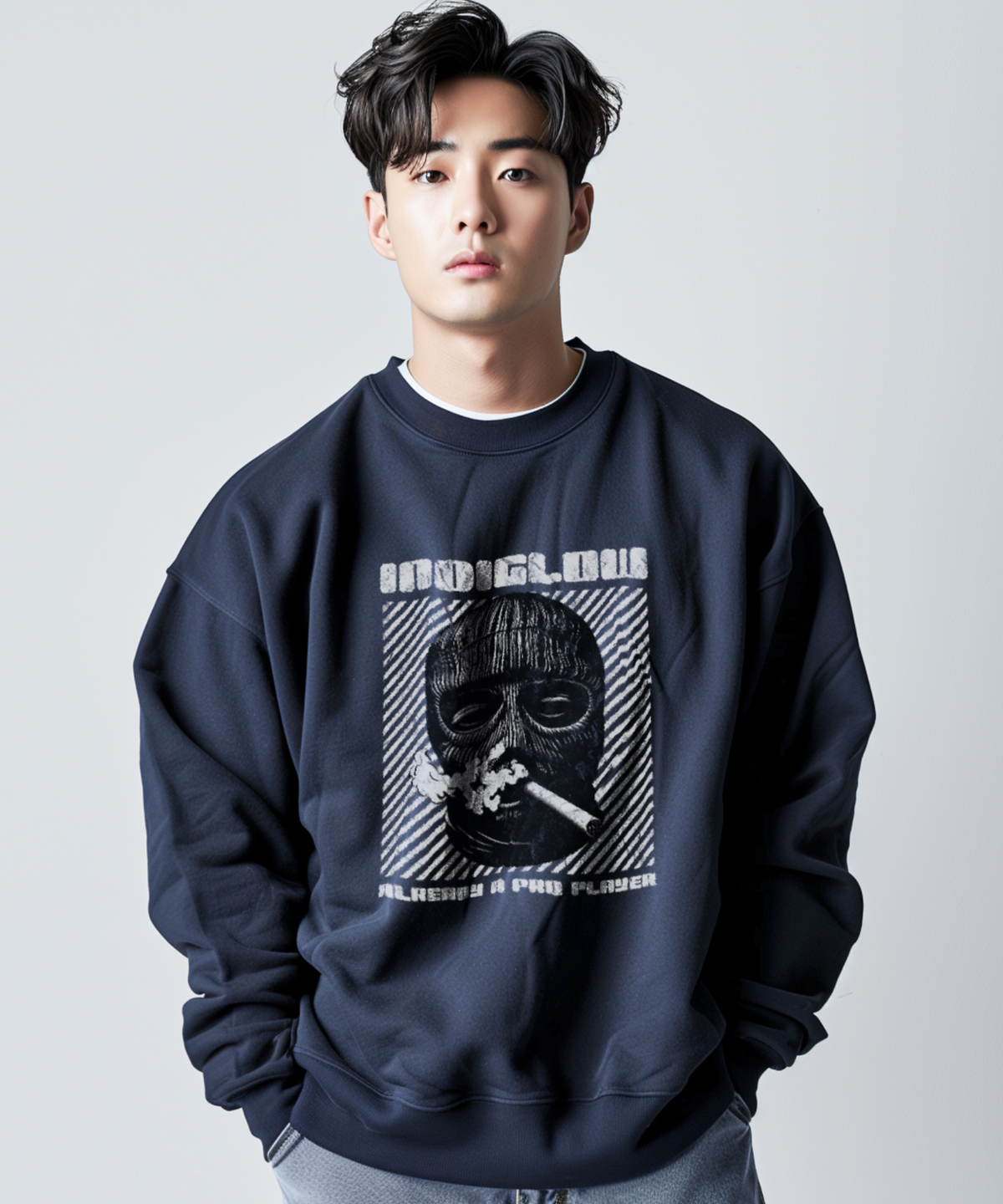 인디글로우(INDIGLOW) 복면 스모킹 빈티지 맨투맨 티셔츠